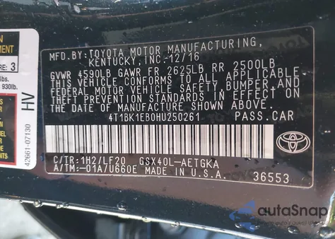 2017 Toyota Avalon Xle Premium z USA, uszkodzony, nr VIN 4T1BK1EB0HU250261